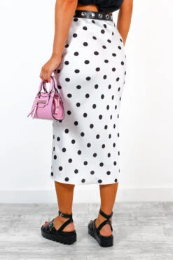 Who, Me? - White Black Polka Dot Satin Midi Skirt -Fashion Clothing Store Who Me WhiteBlackPolkaDotSatinMidiSkirt 5