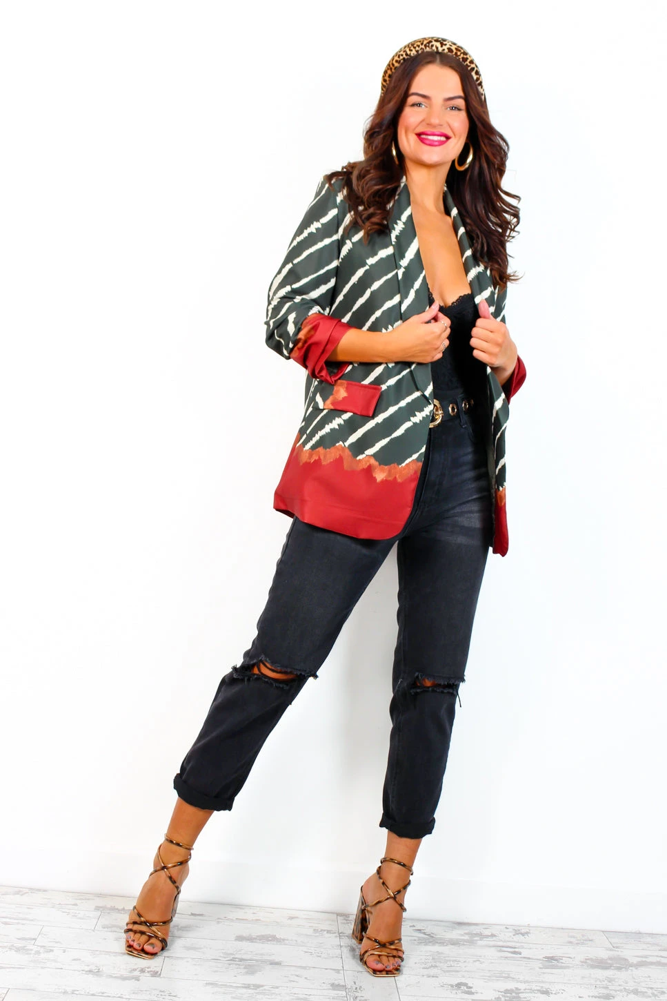 Whos The Boss? - Khaki Red Printed Short Blazer 2 Whos The Boss? - Khaki Red Printed Short Blazer - Image 2