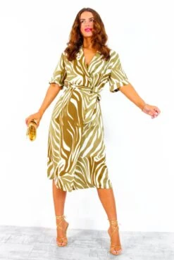 Whole Lot Of Style - Khaki White Zebra Midi Shirt Dress -Fashion Clothing Store WholeLotOfStyle KhakiWhiteZebraMidiShirtDress 2