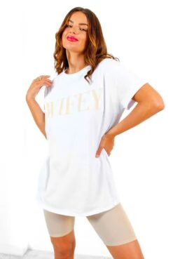 Wifey For Lifey - White Beige Wifey T-Shirt & Cycling Shorts Co-Ord