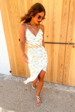 Wild About You - White Gold Feather Print Midi Dress