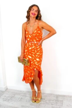 Wild About You - Orange Gold Feather Print Midi Dress -Fashion Clothing Store WildAboutYou OrangeGoldFeatherPrintMidiDress 5