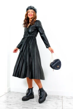 Without Limits - Black Faux Leather Pleated Midi Dress -Fashion Clothing Store WithoutLimits BlackFauxLeatherPleatedMidiDress 2
