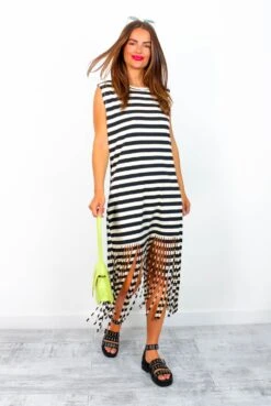 Worth The Tassel - Cream Black Stripe Midi Dress -Fashion Clothing Store WorthTheTassel CreamBlackStripeMidiDress 2