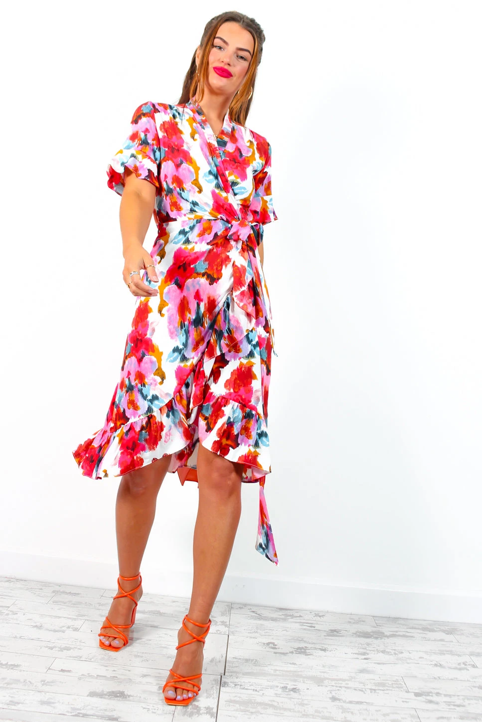 Wrapped With Love - White Red Floral Midi Wrap Dress 6 Wrapped With Love - White Red Floral Midi Wrap Dress - Image 6