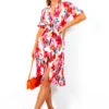 Wrapped With Love - White Red Floral Midi Wrap Dress