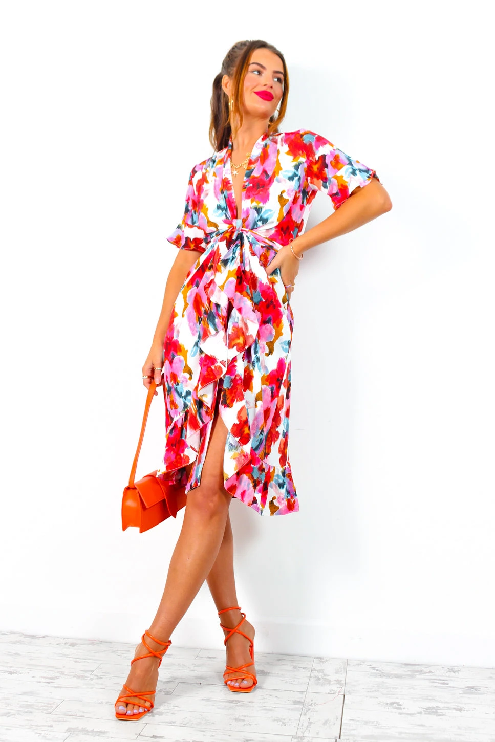 Wrapped With Love - White Red Floral Midi Wrap Dress 1 Wrapped With Love - White Red Floral Midi Wrap Dress