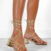 Your Lace Or Mine? - Metallic Gold Lace Up Mini Heels