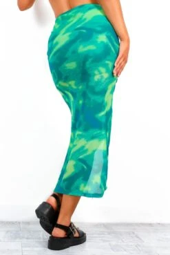 Your New Flame - Green Abstract Ruched Midi Split Skirt -Fashion Clothing Store YourNewFlame GreenAbstractRuchedMidiSplitSkirt