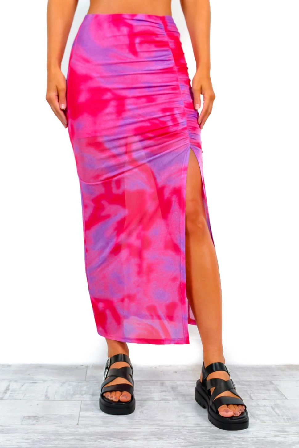 Your New Flame - Pink Purple Abstract Ruched Midi Split Skirt 2 Your New Flame - Pink Purple Abstract Ruched Midi Split Skirt - Image 2