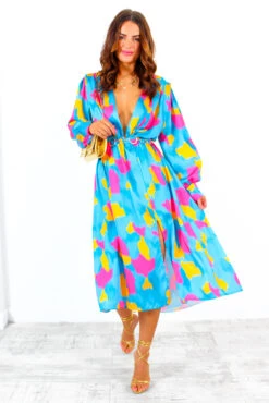 Yours To Keep - Teal Pink Orange Abstract Midi Dress -Fashion Clothing Store YoursToKeep TealPinkOrangeAbstractMidiDress 2