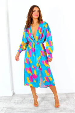 Yours To Keep - Teal Pink Orange Abstract Midi Dress -Fashion Clothing Store YoursToKeep TealPinkOrangeAbstractMidiDress 3