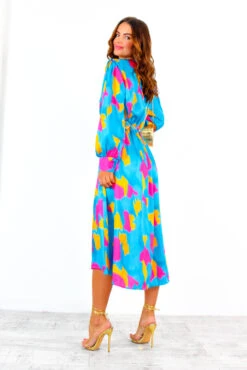 Yours To Keep - Teal Pink Orange Abstract Midi Dress -Fashion Clothing Store YoursToKeep TealPinkOrangeAbstractMidiDress 6