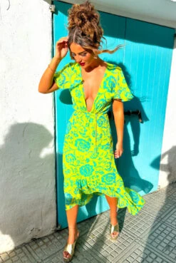 Missed Me? - Green Blue Floral Lurex Midi Dress -Fashion Clothing Store sfezrdgxhfyu